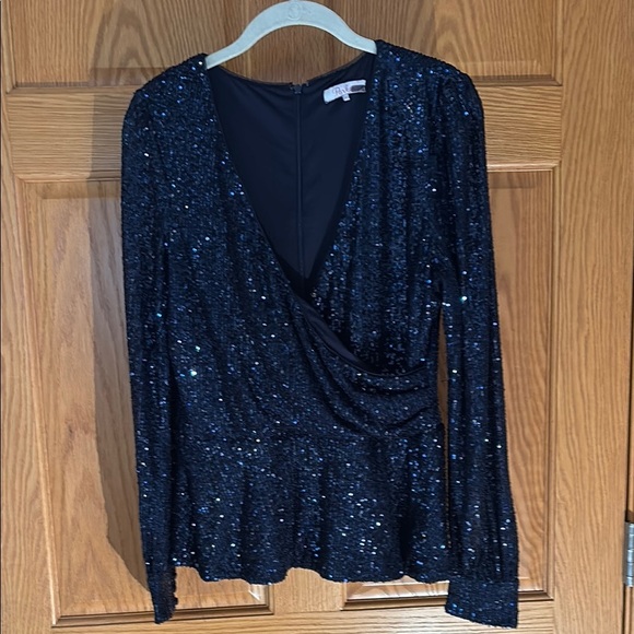 Parker Rent the Runway Elegant Navy Sequin Wrap Top Large - Picture 2 of 6
